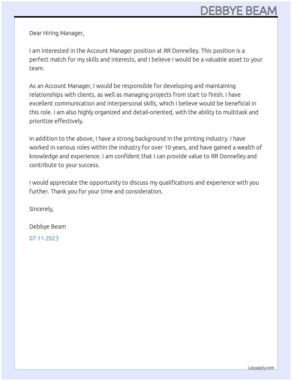 Account Manager  At RR Donnelley  Cover Letter