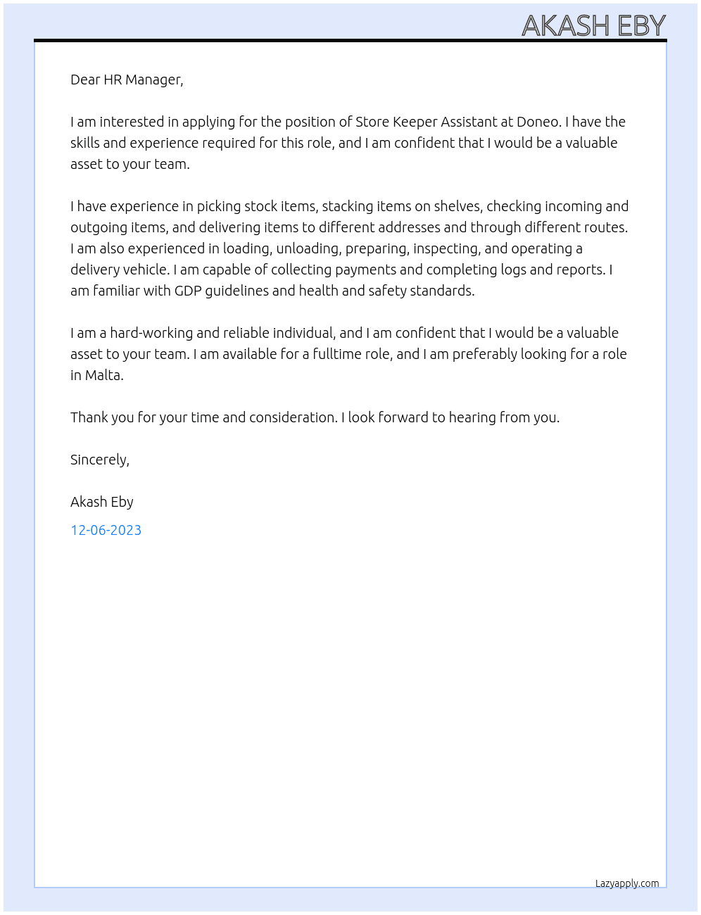 Store keeper Assistant  At Doneo Cover Letter