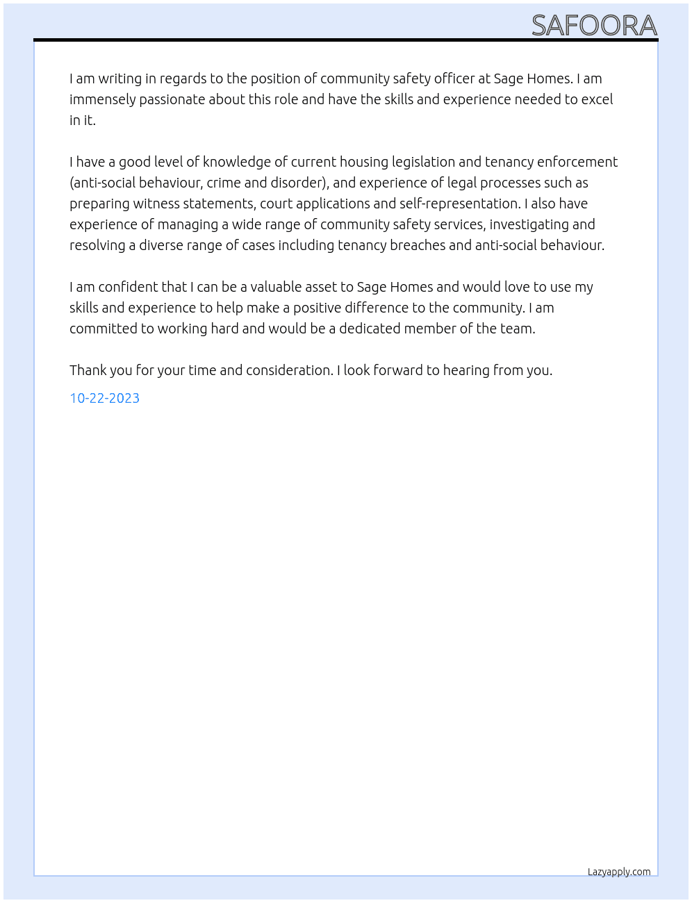 Community safety officer At Sage Homes Cover Letter