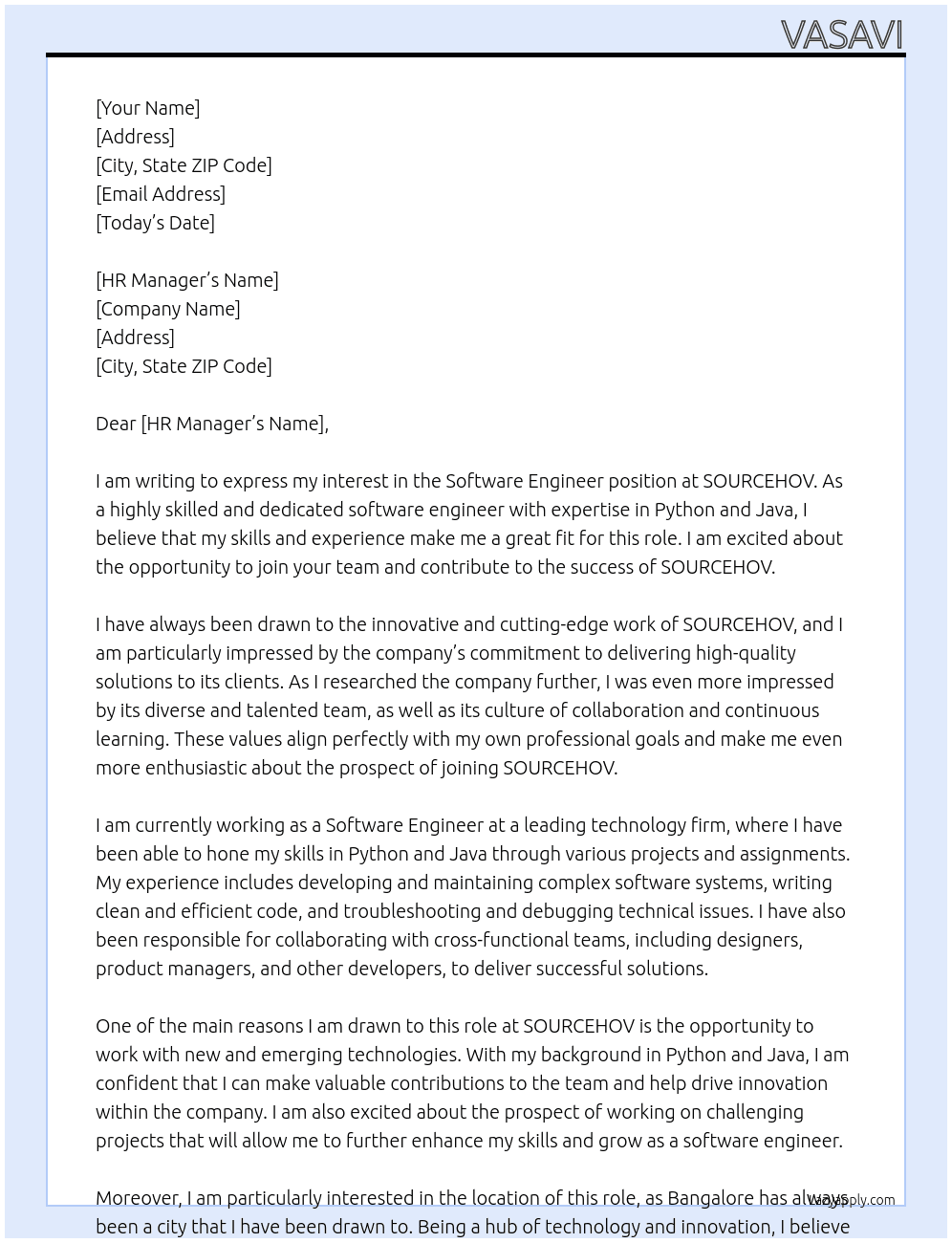software engineer At SOURCEHOV Cover Letter