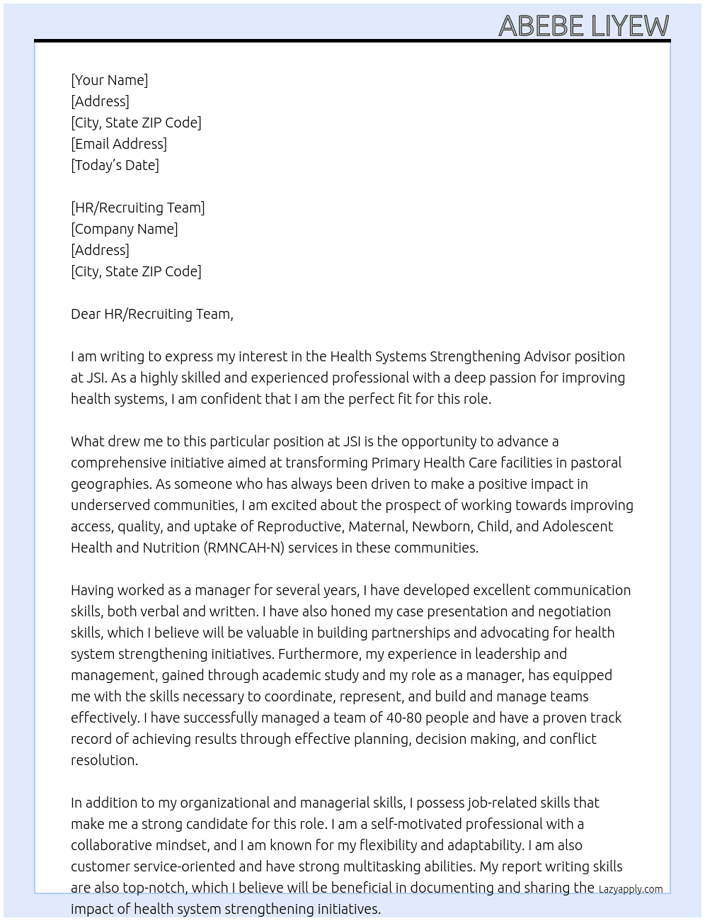 Health Systems Strengthening Advisor At JSI  Cover Letter