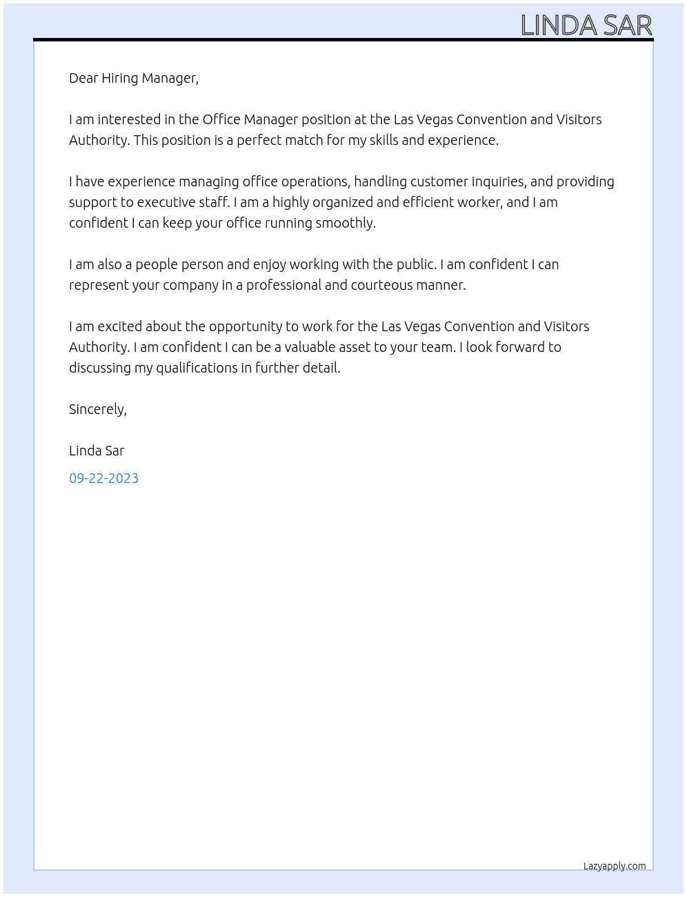 Office Manager At Las Vegas Convention and Visitors Authority Cover Letter