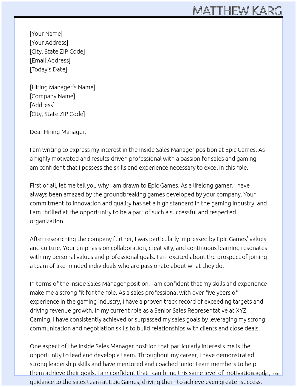 inside sales manager At Epic Games Cover Letter