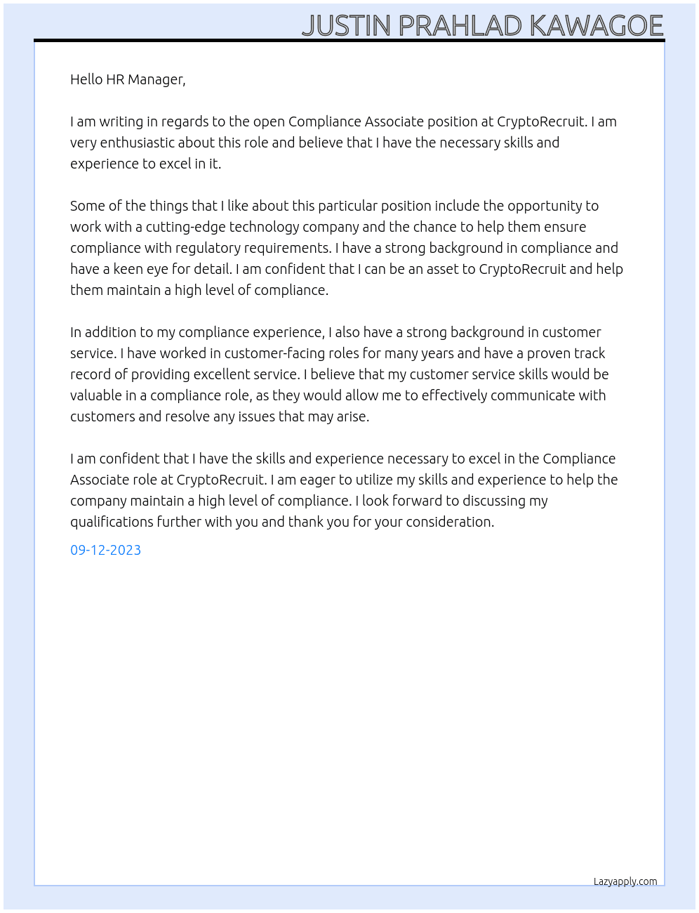 Compliance Associate At CryptoRecruit Cover Letter