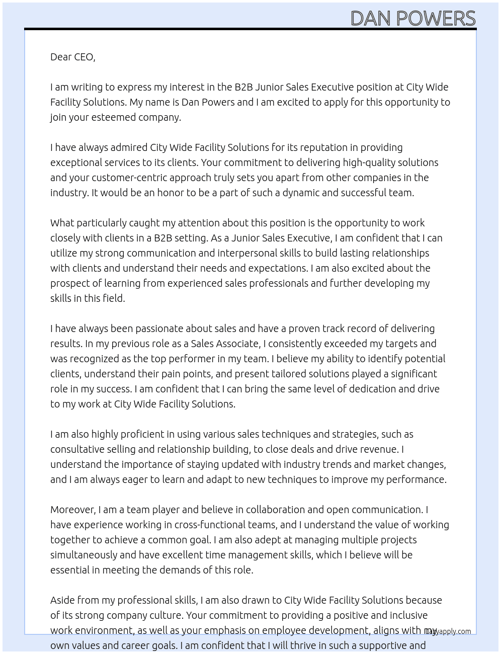 B2B Junior Sales Executive At City Wide Facility Solutions Cover Letter