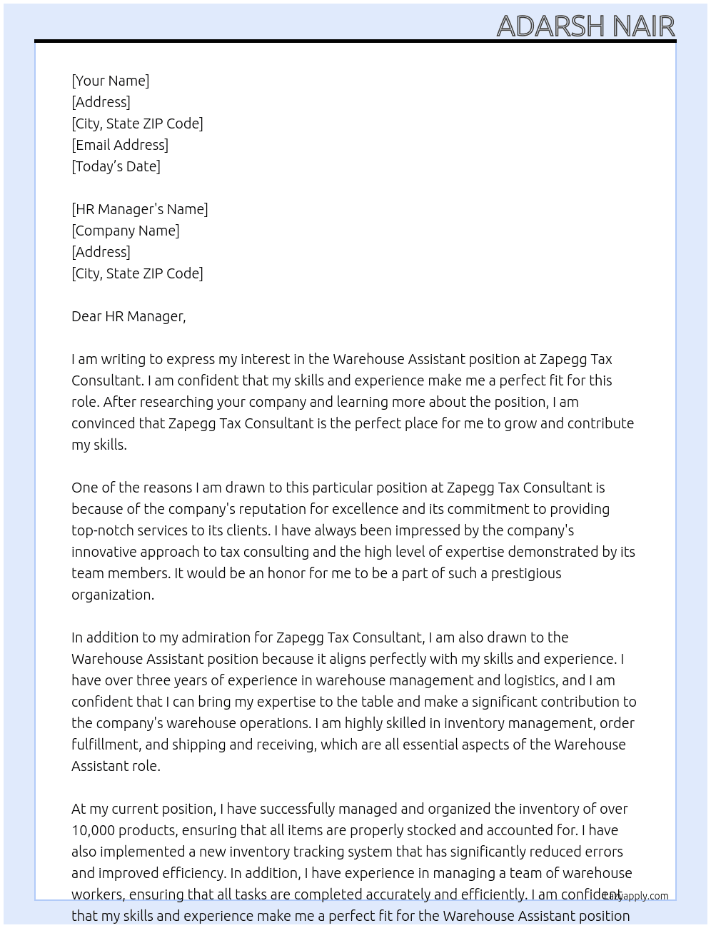 Warehouse Assistant  At Zapegg Tax Consultant  Cover Letter