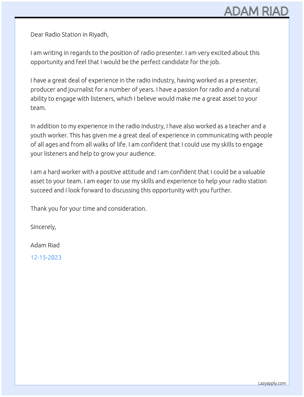 Radio Presenter At Radio Station in Riyadh Cover Letter