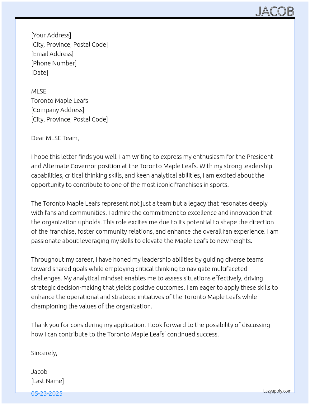 President and Alternate Governor At Toronto Maple Leafs Cover Letter