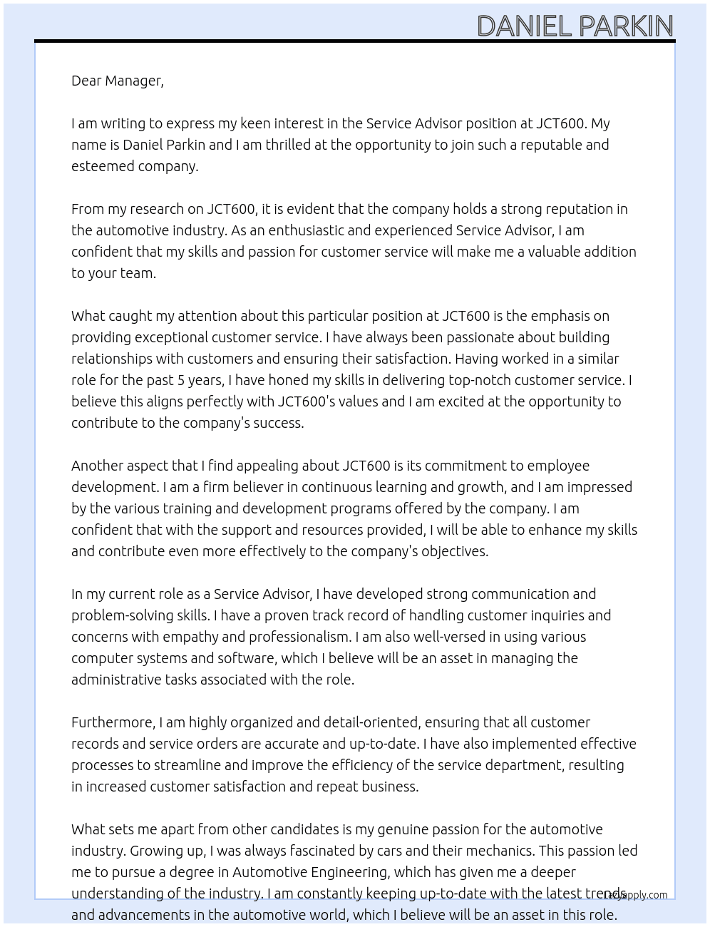 Service Advisor At JCT600 Cover Letter