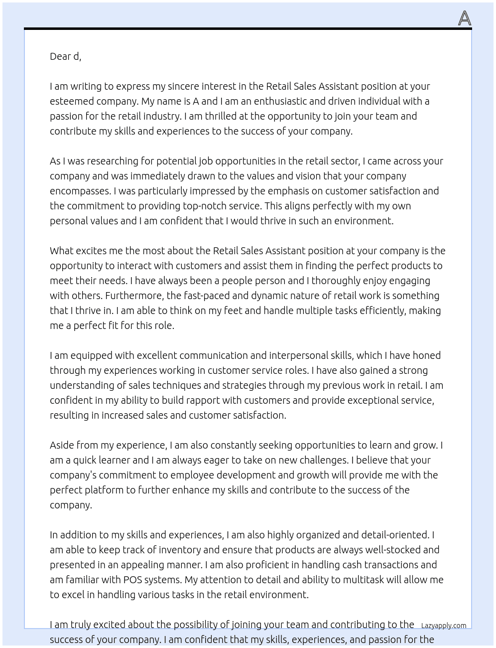 Retail Sales Assistant At d Cover Letter