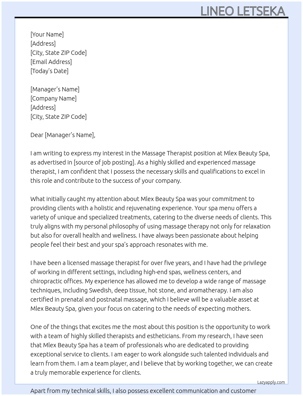 Massage therapist  At Mlex Beauty Spa Cover Letter