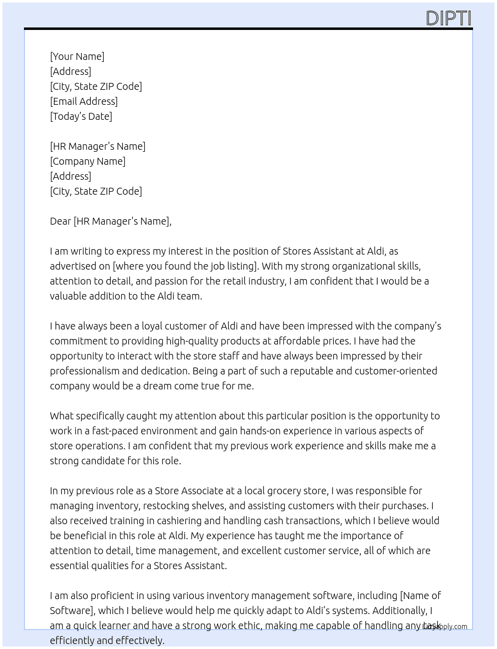 Stores assistant At Aldi Cover Letter