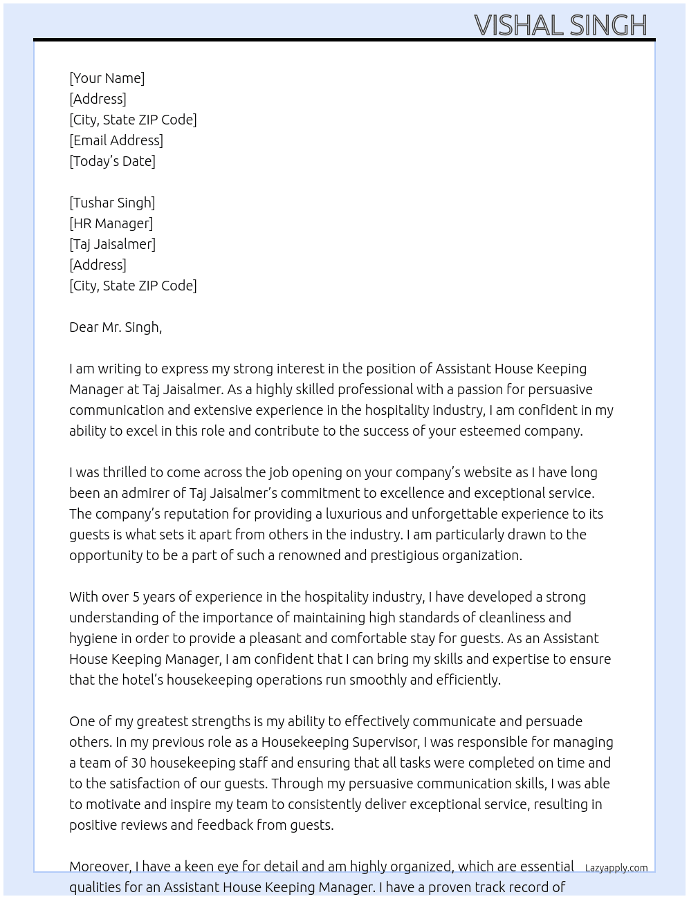 Assistant House Keeping Manager At Taj Jaisalmer  Cover Letter