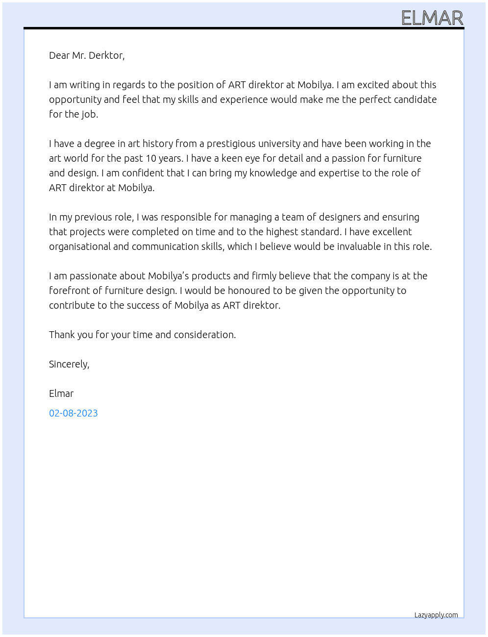 ART direktor At Mobilya Cover Letter