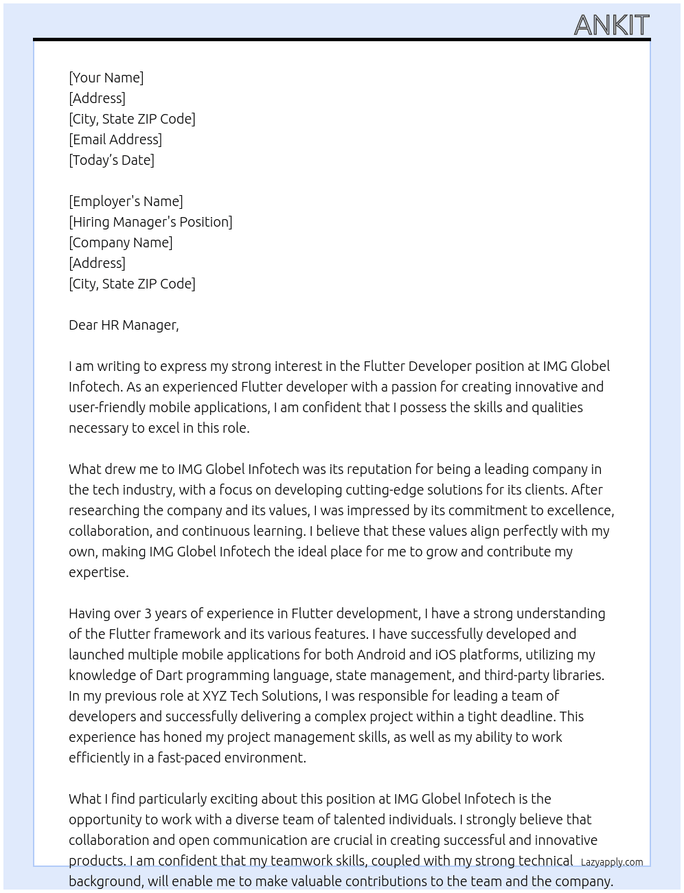 Flutter Developer At IMG Globel Infotech Cover Letter