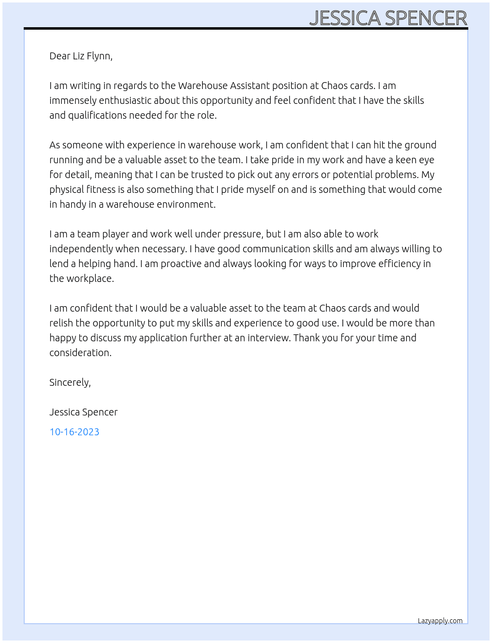 Warehouse Assistant At Chaos cards Cover Letter