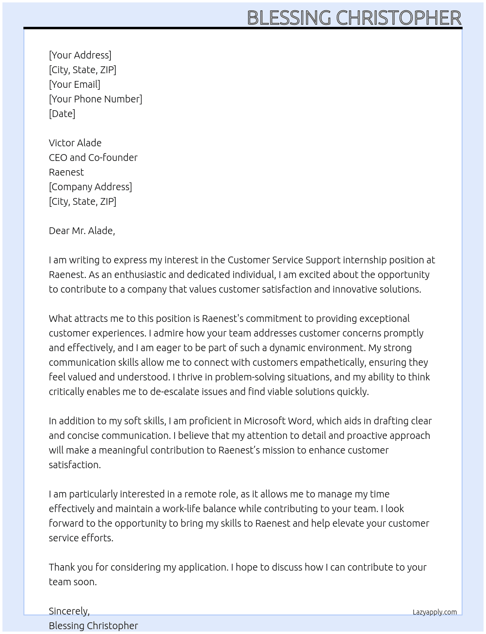 Cover letter for customer service support - LazyApply