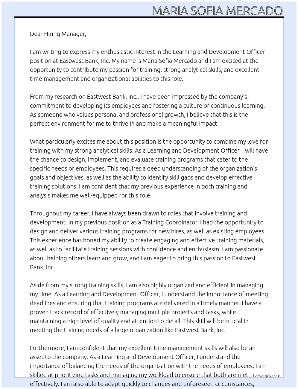 Learning and Development Officer  At Eastwest Bank, Inc.  Cover Letter