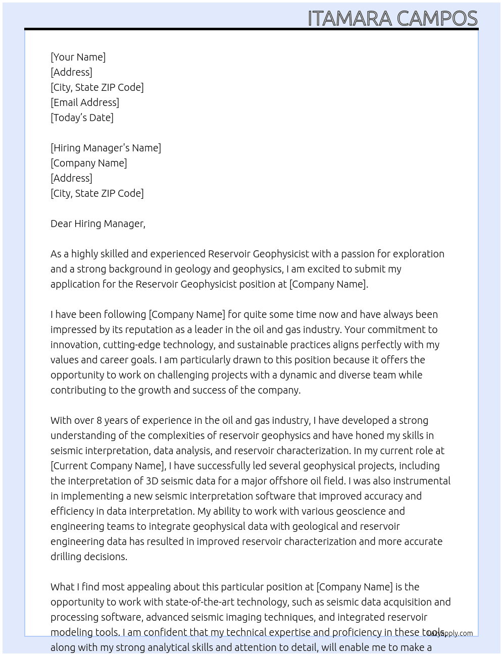 Reservoir Geophysicist At Reservoir Geophysicist Cover Letter