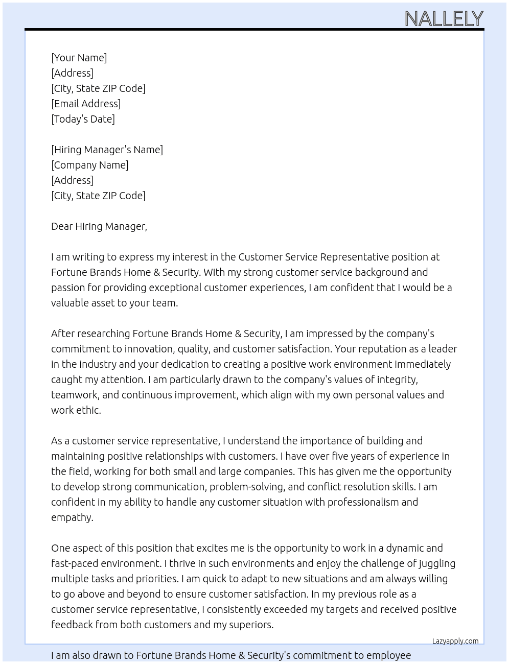 Customer service representative  At Fortune Brands Home & Security Cover Letter