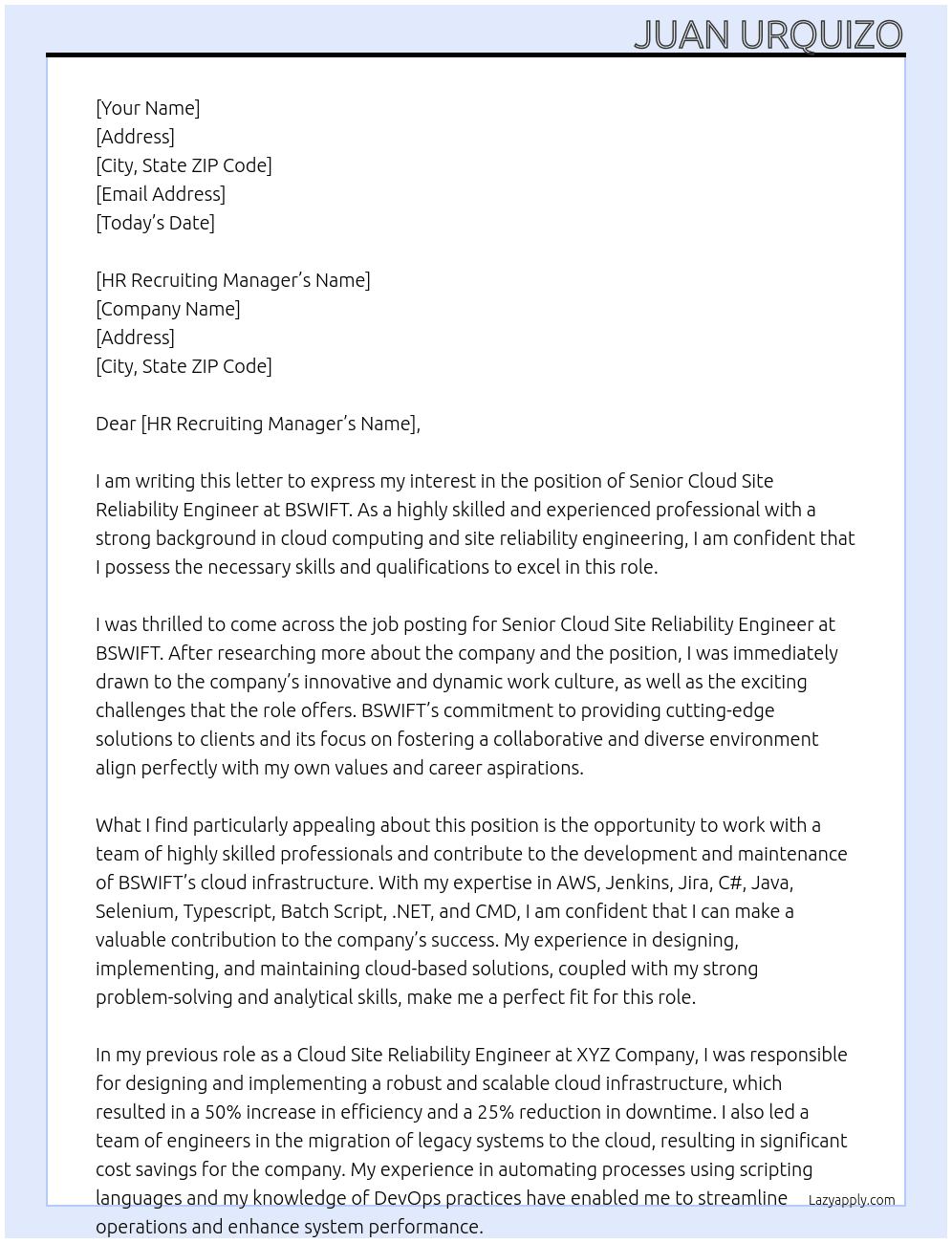 Senior Cloud Site Reliability Engineer At BSWIFT Cover Letter