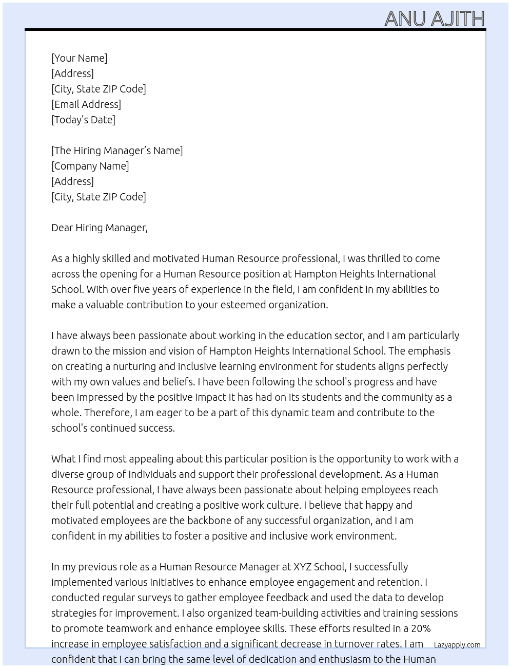 HUMAN RESOURCE  At Hampton Heights International School Cover Letter