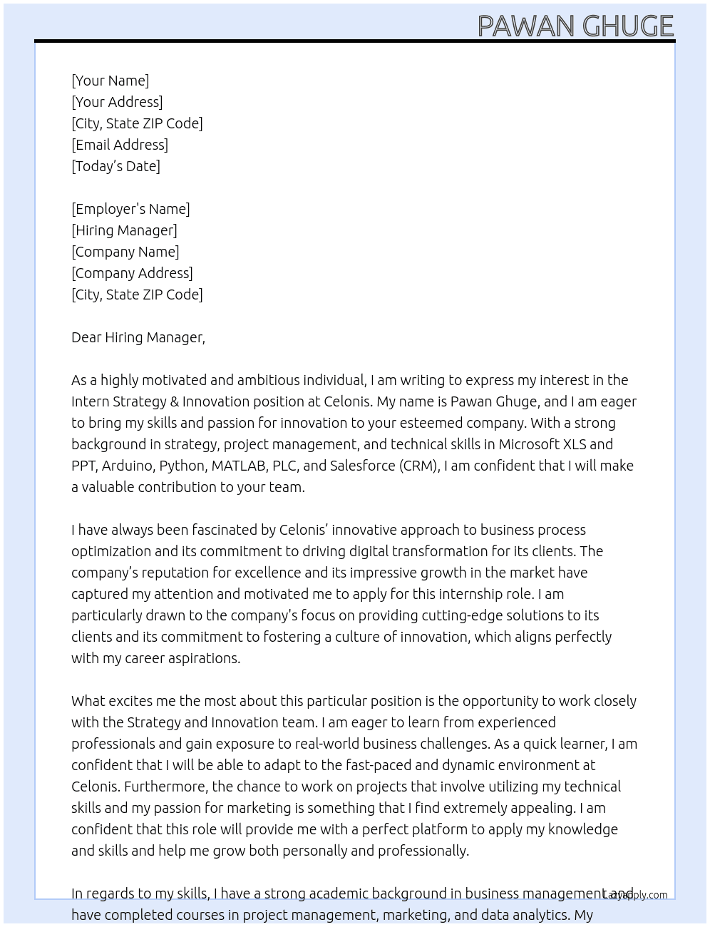 Intern Strategy & Innovation At Celonis Cover Letter