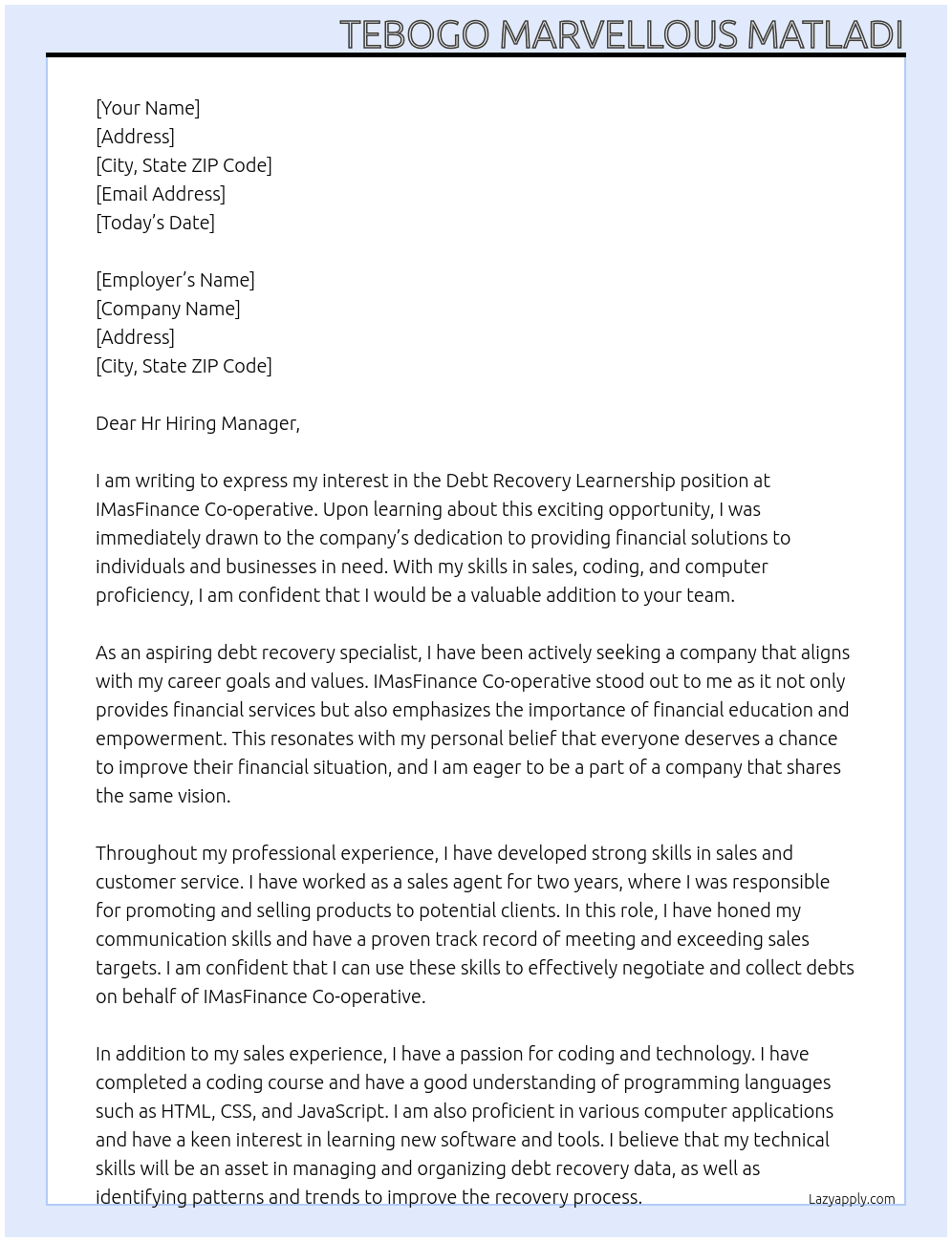 debt recovery learnership At IMasFinance co-Operative Cover Letter