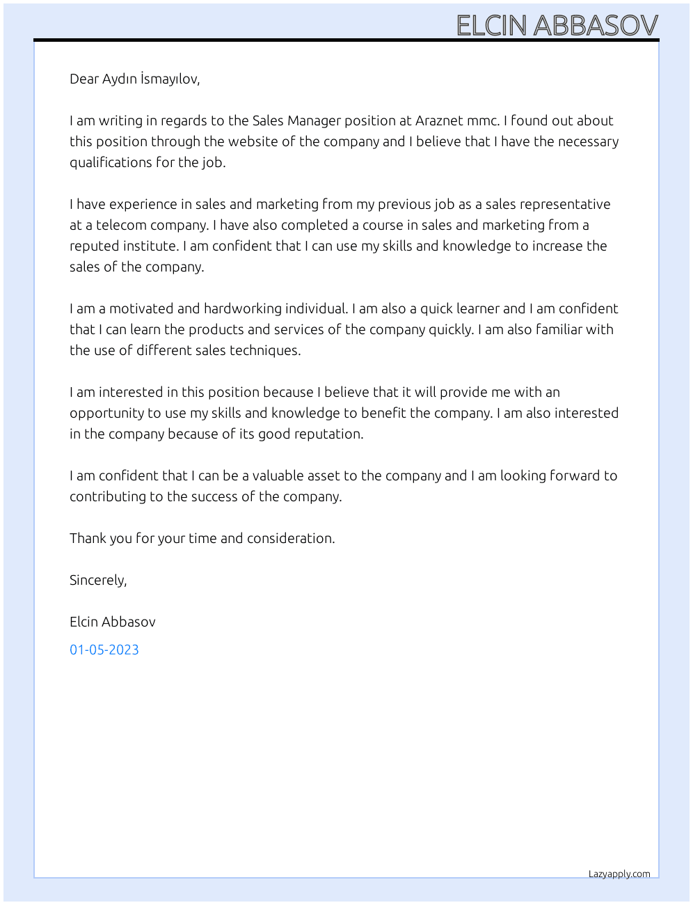 Sales manager At Araznet mmc Cover Letter
