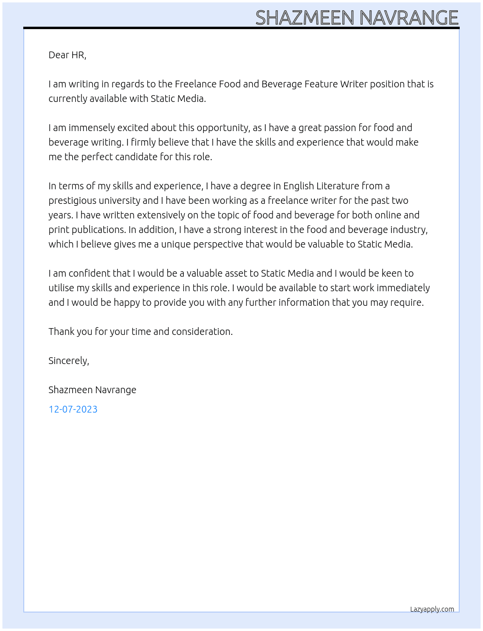Freelance Food and Beverage Feature Writer At Static Media Cover Letter