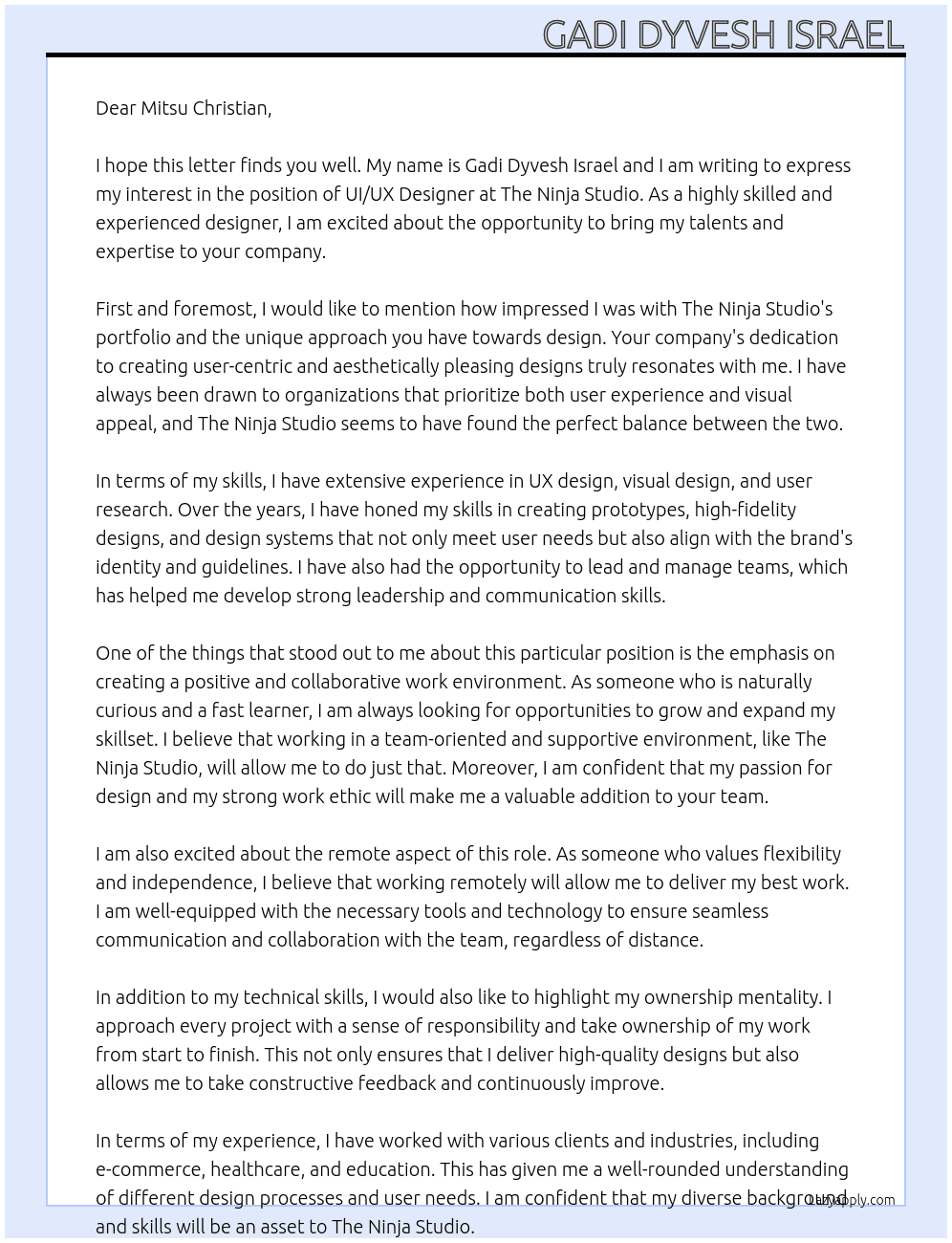 UI/UX Designer At The Ninja Studio Cover Letter