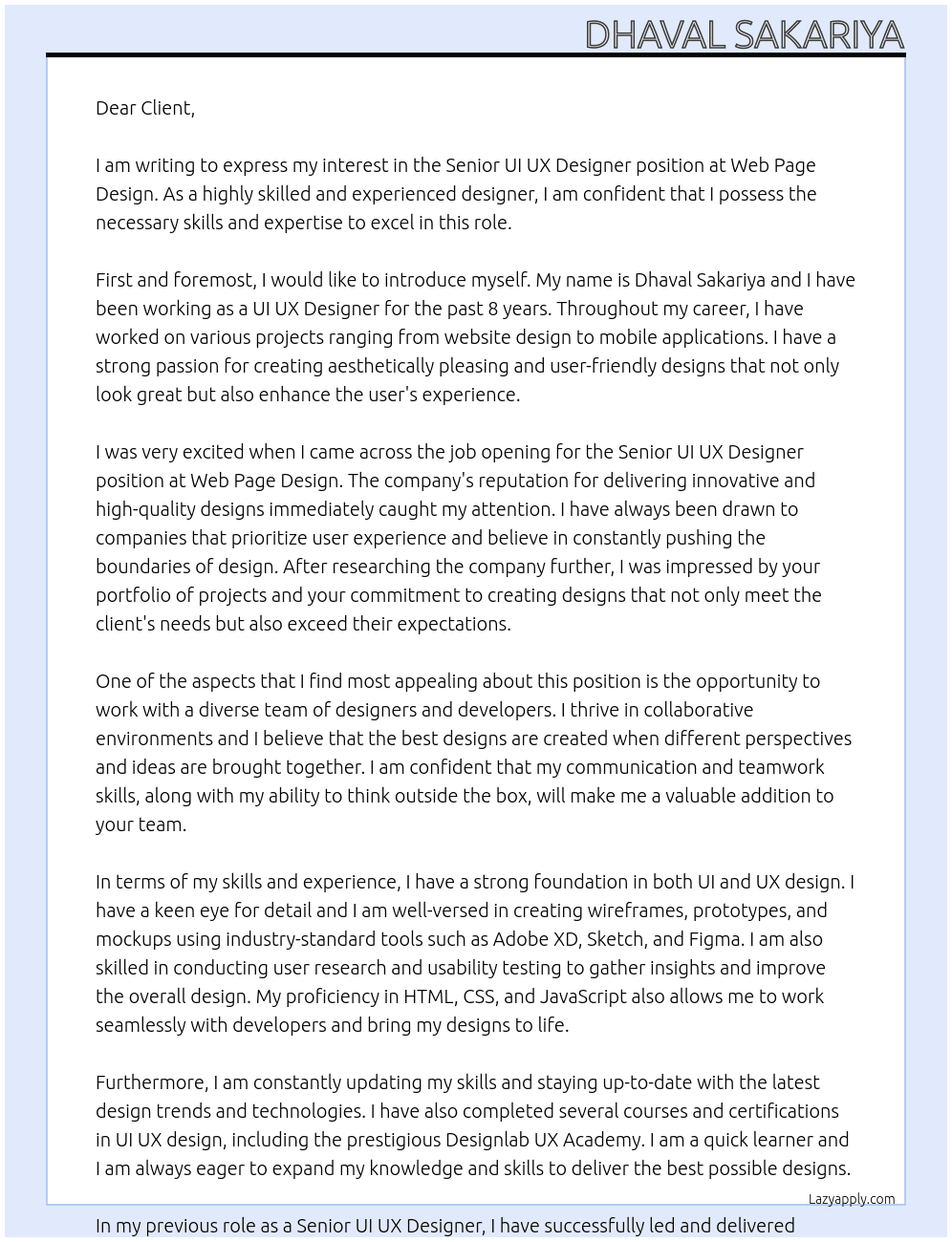 Senior UI UX Designer At Web page design Cover Letter