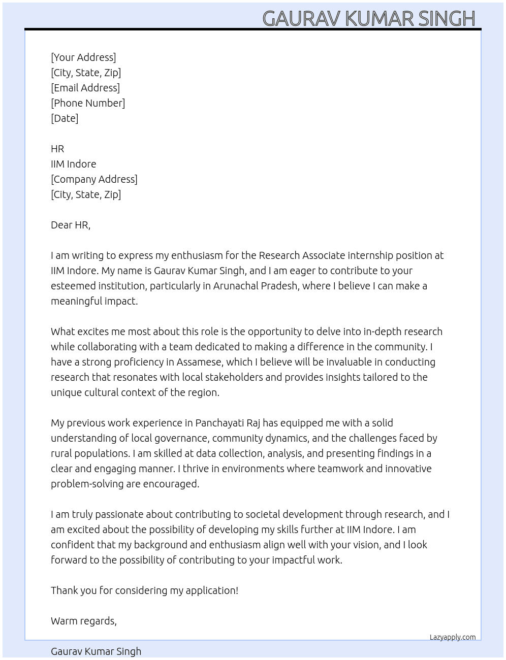 Research associate  At IIM Indore  Cover Letter