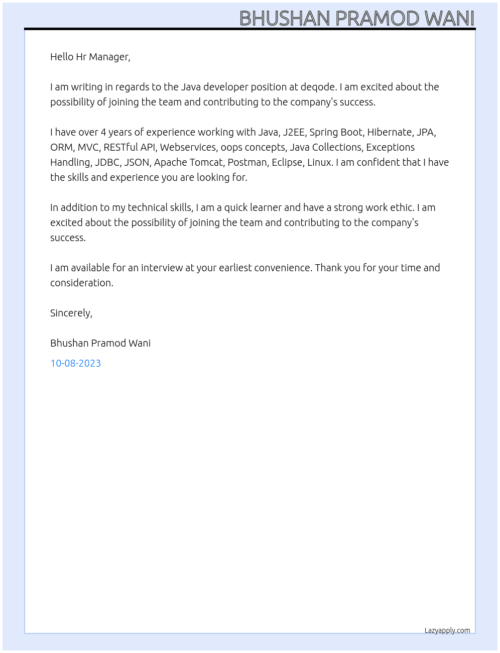Java developer At deqode Cover Letter