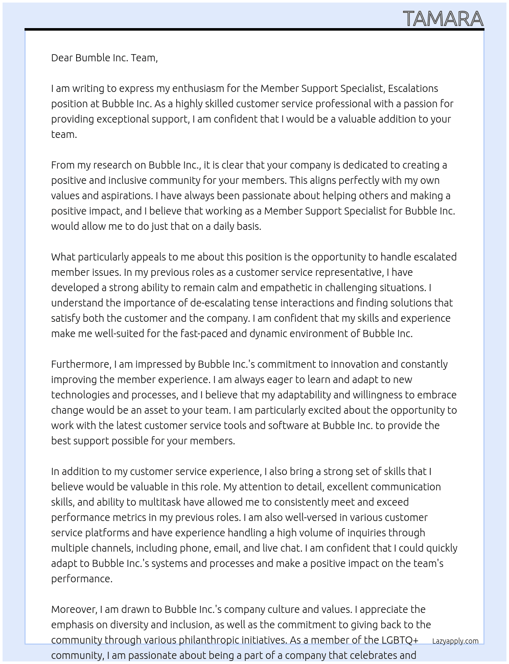 Member Support Specialist, Escalations At Bubble Inc.  Cover Letter