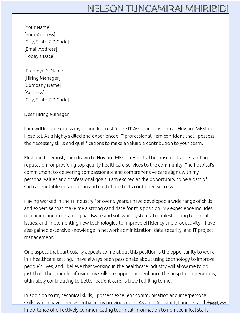 IT Assistant At Howard Mission Hospital Cover Letter
