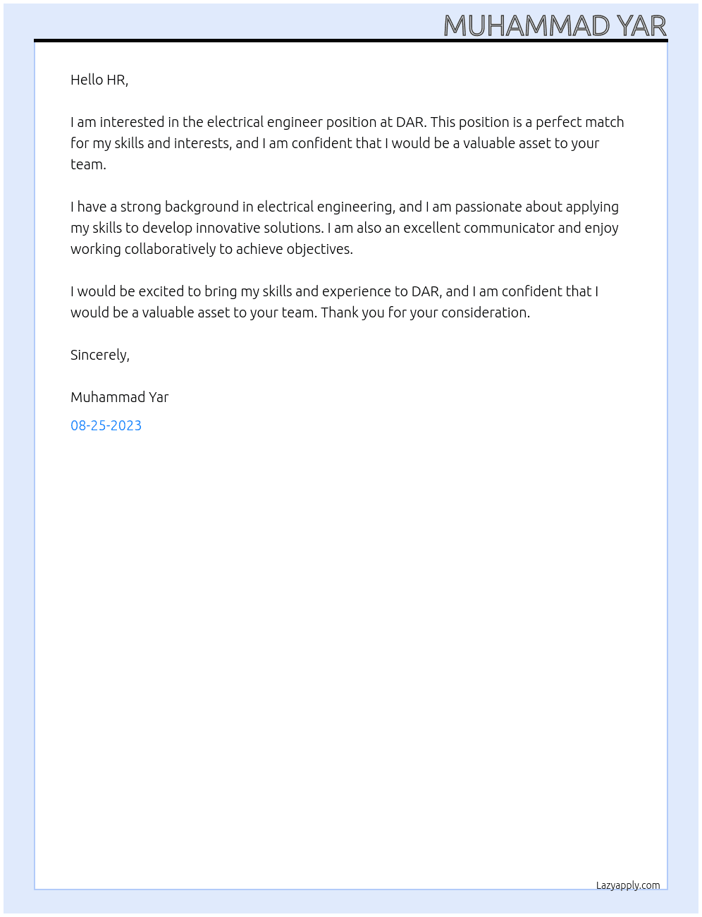 electrical engineer At DAR Cover Letter