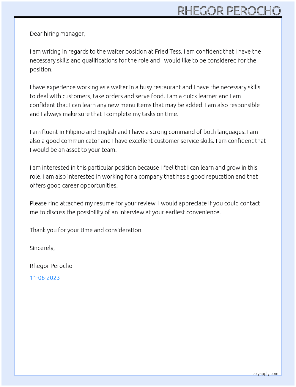 Waiter  At Fried Tess  Cover Letter