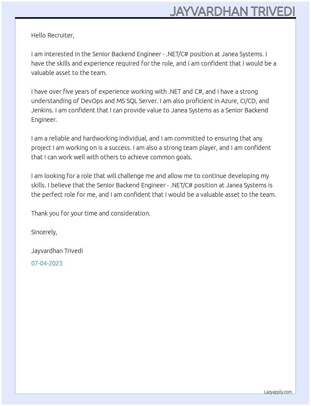 Senior Backend Engineer - .NET/C# At Janea Systems Cover Letter