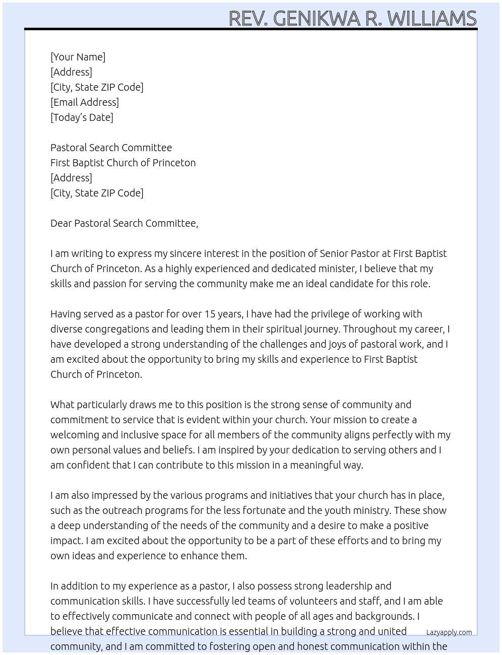 Senior Pastor At First Baptist Church of Princeton Cover Letter