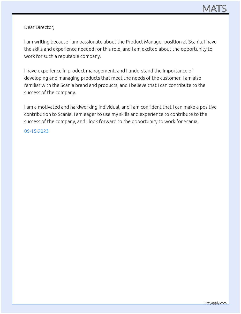 Product manager At Scania Cover Letter