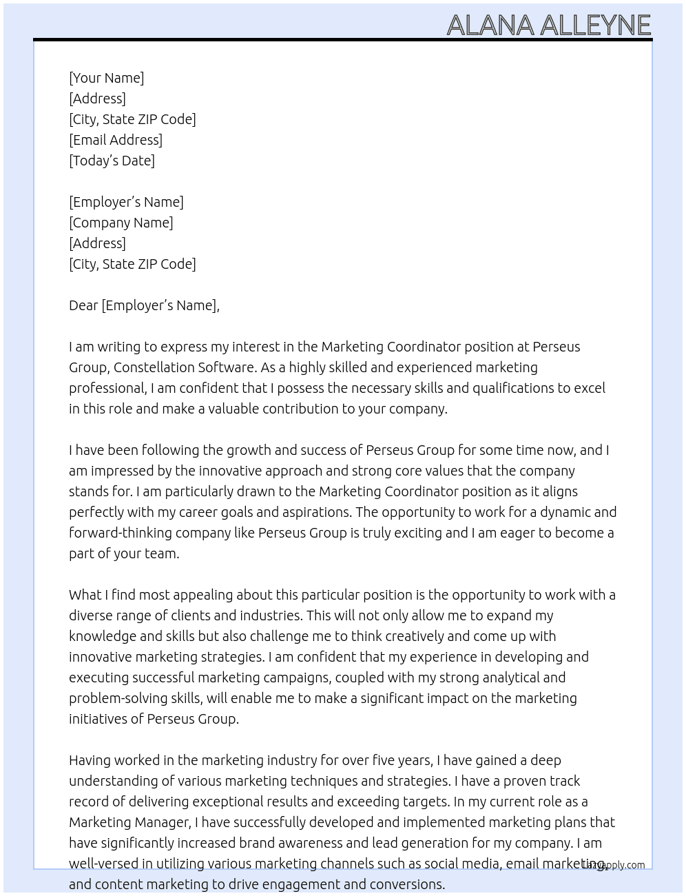 Marketing Coordinator At Perseus Group, Constellation Software  Cover Letter