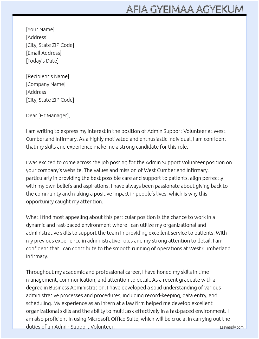 Admin Support Volunteer At West Cumberland Infirmary  Cover Letter