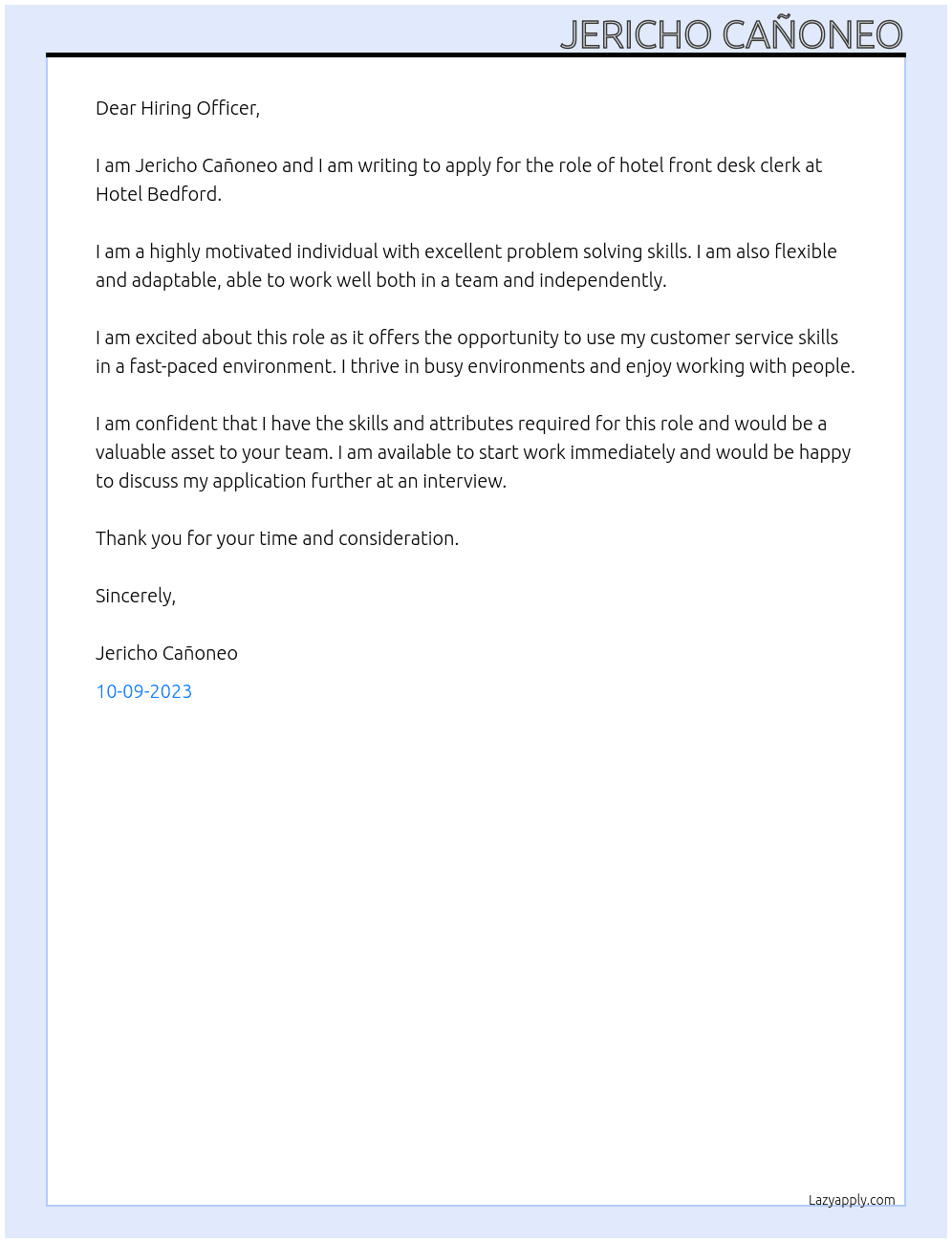 Hotel front desk clerk At Hotel Bedford Cover Letter