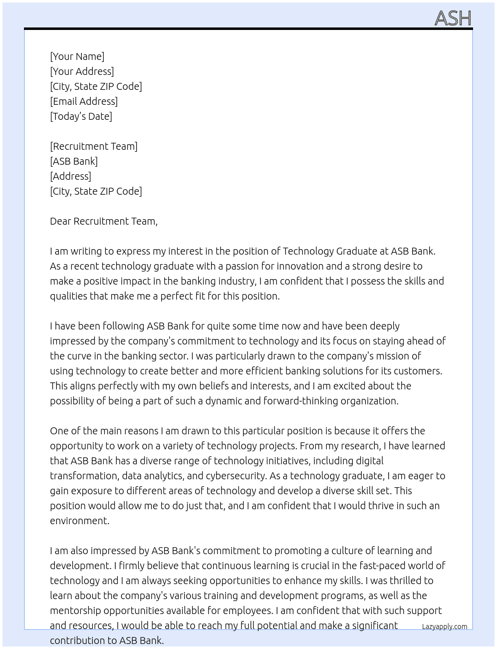 technology graduate  At ASB Bank Cover Letter