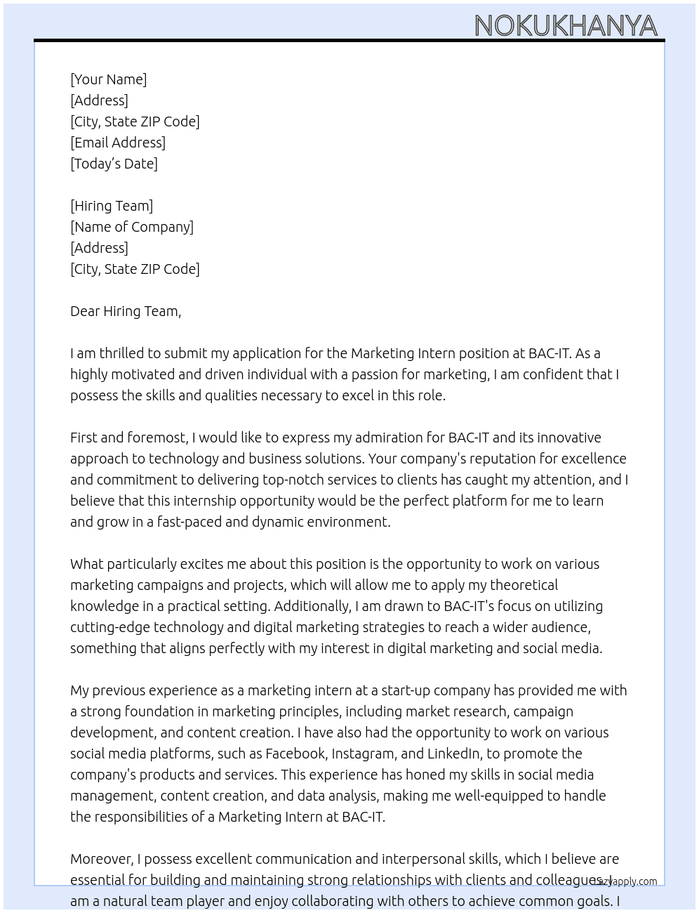 Marketing Intern  At BAC-IT Cover Letter