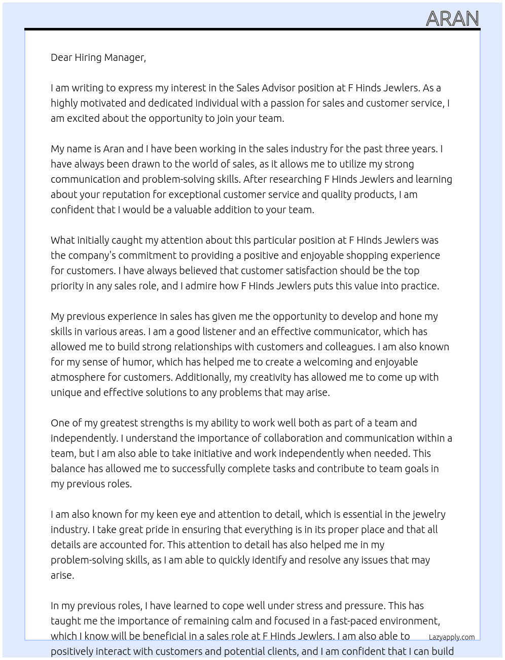 Sales Advisor  At F Hinds Jewlers Cover Letter