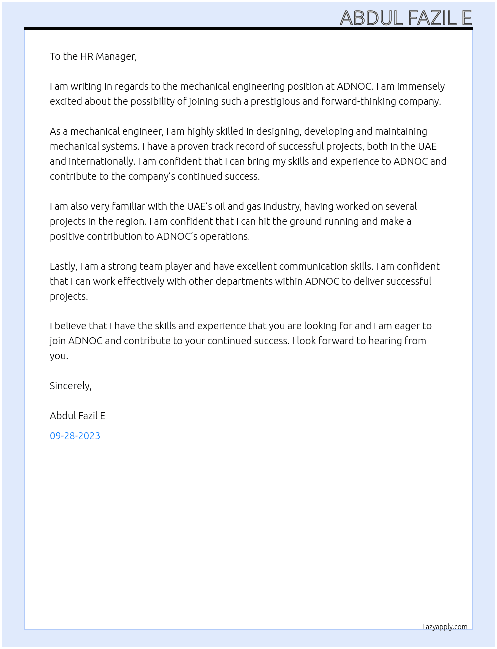 mechanical engineering At adnoc Cover Letter