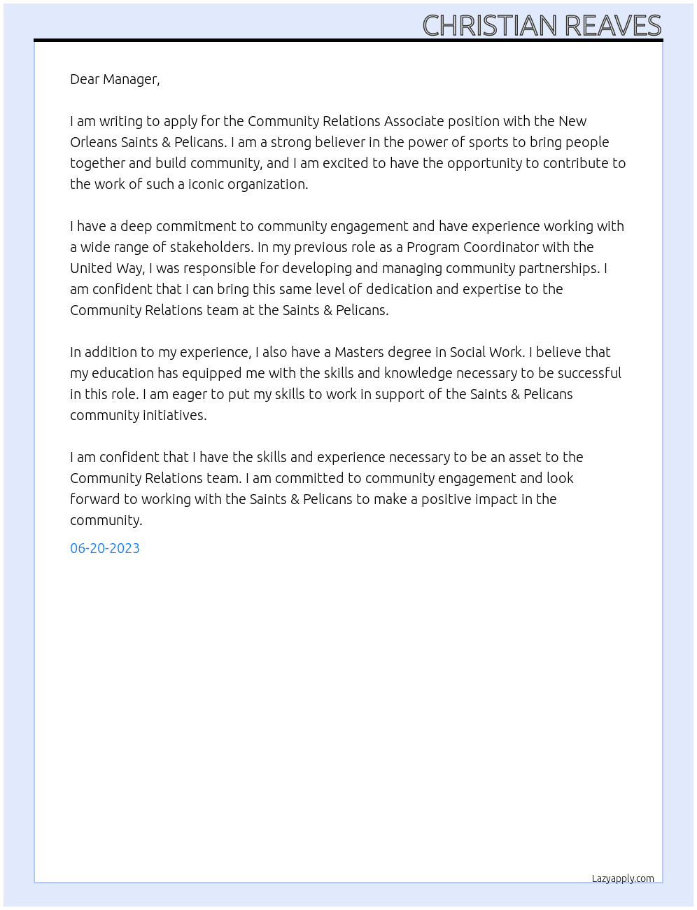 Community Relations Associate At New Orleans Saints & Pelicans Cover Letter