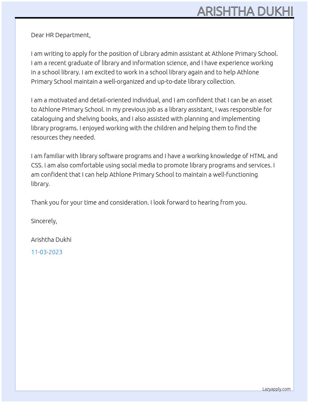 Library admin assistant At Athlone Primary School Cover Letter